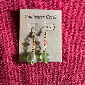 Coldwater Creek Gold-Tone Earrings with Green and Peach Accent Beads